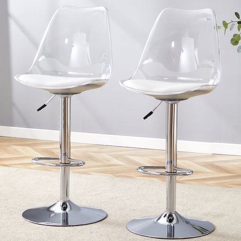 Lot de 2 tabourets de bar modernes réglables, dossiers en plastique transparent et assise en cuir PU, pieds en métal couleur argent. Réglables en hauteur et pivotants à 360°, adaptés à la cuisine et a (1/5)
