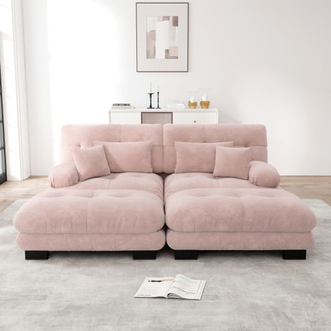 Cloud Ecksofa für Wohnzimmer, Chenille Doppelsofa mit 2 Lendenkissen und 2 Dekokissen, Polstersofa mit breiten Armlehnen und 2 Ottomans, Chenille Rosa 
WL