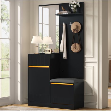 Armadio ingresso 105x38x190 cm con panca portascarpe, specchio e LED, MDF e pannello truciolare - nero (1/5)