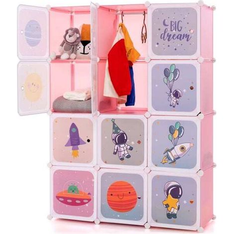 Armoire de rangement enfant rose à 12 cubes avec 2 penderies et portes à motifs (1/5)