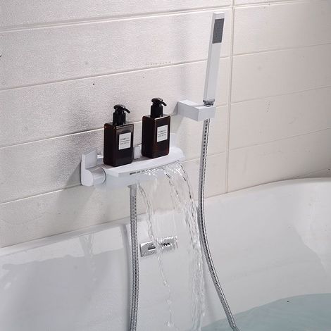 Wandmontierte Badewannenarmatur aus weißem Kupfer, Wasserfall-Badewannenmischer, Warm- und Kaltwasser-Duschkopf, 1-teilig (1/4)