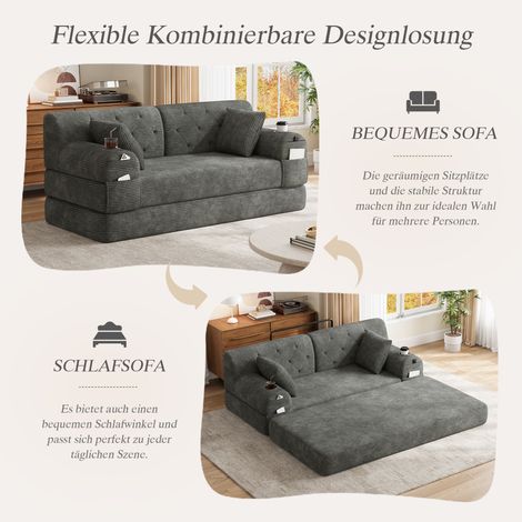 Canapé convertible 2 places en velours côtelé, dossier surélevé, cadre en acier, mousse densité élevée, 2 supports de verres et 4 rangements latéraux, parfait pour petits salons et espaces réduits, co (1/5)