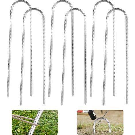 Lot de 6 piquets d'ancrage au sol de 30 cm en acier galvanisé pour trampoline, piquets de tente robustes de type U pour sécuriser clôture, tentes, auvents, camping (1/5)