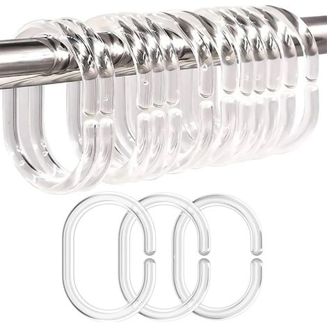 24 anneaux de rideau de douche, crochets de rideau de douche en plastique transparent, crochets en forme de C et barres de douche