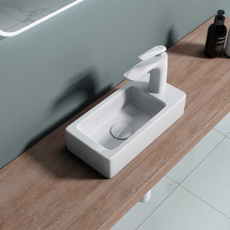 Durovin Bathrooms Small Cloakroom Basin - Wall Mounted Basin - Rectangular Countertop Basin - One Right Hand Tap Hole- 370 x 180 x 90mm (WxDxH)