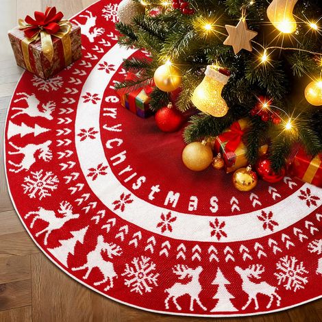 Jupe sapin Noël tricotée 122 cm, flocon neige élan motif rouge, tapis cache-pied fête (1/4)