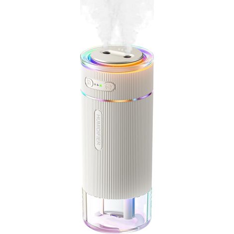 Humidificador ultrasónico portátil: doble boquilla, vapor frío, iluminación ambiental, encendido/apagado automático, ideal para dormitorio, oficina, habitación infantil y viajes (blanco). (1/5)