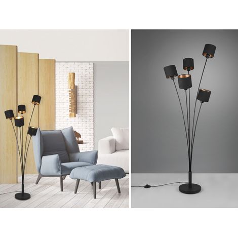 Stehleuchte TOMMY 5 flammig Metall, Stoffschirm Schwarz Gold, Höhe 163cm (1/5)