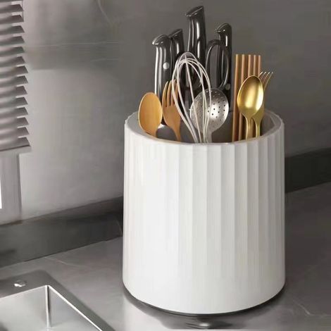 Porte-couteaux rotatif à 360° pour plan de travail de cuisine, boîte de rangement multifonctionnelle de grande capacité (blanc et gris) (1/5)
