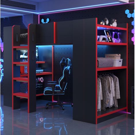 Lit mezzanine 90x200 cm en bois noir et rouge, bureau et LED, gain de place, sans matelas – MEUBLIV (1/5)