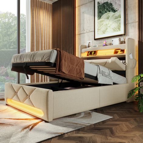 Bett Einzelbett Stauraum 90x200 mit LED Beige OKMYHOME