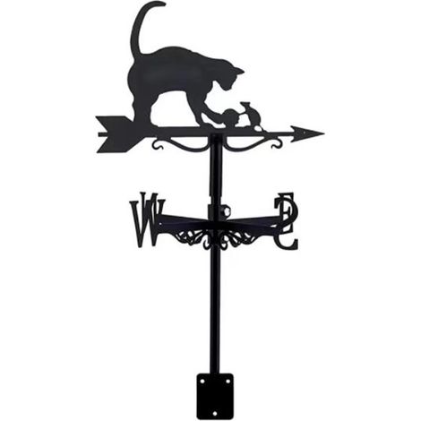[JAMAIS UTILISÉ] Girouette à planter ou à fixer motif "Chat et souris" , Indique la direction du vent : N - S - W - O, Déco jardin, Métal verni, Noir(Sans tige) (1/3)