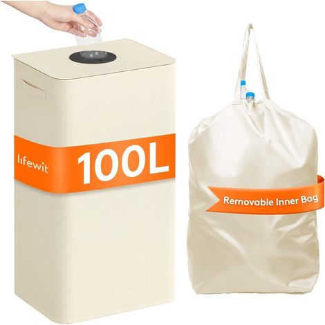 Cesto portabiancheria 100 l - Cesto portabiancheria con coperchio - Cesto portabiancheria con coperchio e parte superiore divisa - Contenitore con doppie maniglie - Bianco sporco