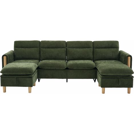 Divano modulare a U 4 posti in ciniglia verde con 2 pouf contenitore e gambe in legno (1/5)