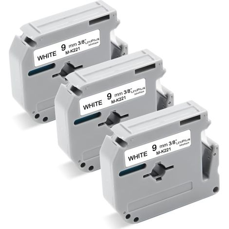 Ruban Étiquette - 9 mm x 8 m - Noir sur Blanc - Compatible avec Étiqueteuses PT-55 PT-60 PT-65 PT-70 PT-80 PT-85 PT-90 PT-100 PT-110 PT-M95 PT-BB4 - Pack de 3 (1/5)