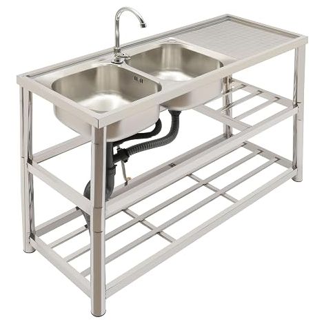 Évier de cuisine à 2 bacs - Design à 3 niveaux - En acier inoxydable - Double lavabo avec robinet (1/5)