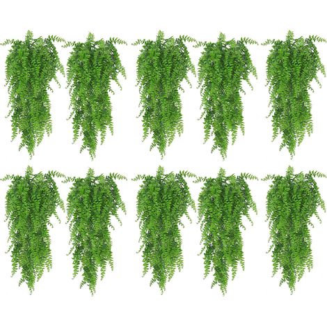 Lot de 10 plantes artificielles suspendues en plastique, fougères persanes, fausses plantes vertes pour la décoration intérieure et extérieure (mur, patio, porche, etc.), mariage. (1/4)