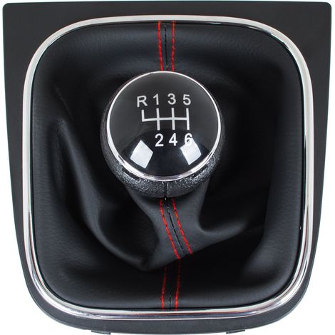 Pomo de palanca de cambios VW Golf V 03-08 + funda negra con hilo rojo y marco cromado de 6 velocidades (1/5)