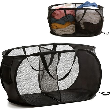 Panier A Linge Pliable Pop Up En Maille, Paniere A Linge Sale avec 2 Compartiments, Corbeille à Linges avec Poignées Renforcées, Portable Panier Pour Salle De Bain Chambre Dortoir Voyage (1/5)