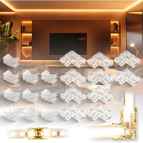20 Pack 8mm Connecteur Ruban LED 2 Broches, pour Sans Soudure Sans Fil, Bande de Connexion d'angle, avec 10 Connecteurs LED en Forme de L (1/5)