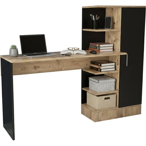 Dmora - Schreibtisch Dfasolat, Mehrzweckschreibtisch, Bürotisch für PC, Eckschreibtisch, 152x40h120 cm, Eiche und Schwarz