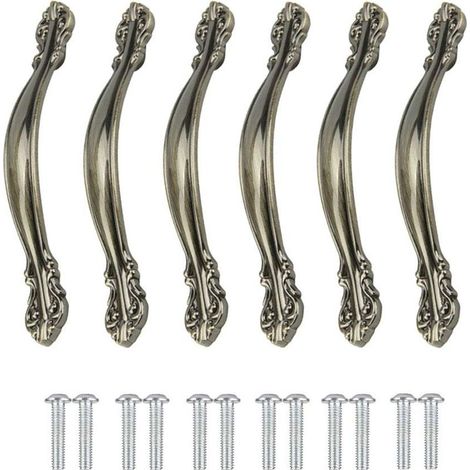 Poignées de Meuble Vintage 6 Pièces - Pour Porte, Meubles, Cuisine, Armoire, Tiroir, Placard - Sculptées en Alliage - Avec Vis, Entraxe de Trous 96mm (1/5)