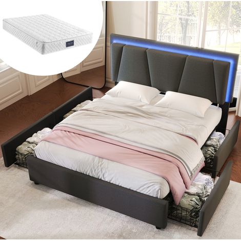 Letto imbottito 140x200 cm con 4 cassetti, testiera regolabile in altezza e LED, grigio, materasso incluso (1/5)