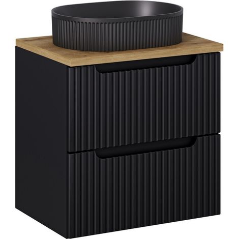 Ensemble Meuble Salle de Bain 2 tiroirs + Vasque + Plateau L 60 x P 40 x H 59,5 cm - Astral - Noir et effet chêne - Livraison gratuite
