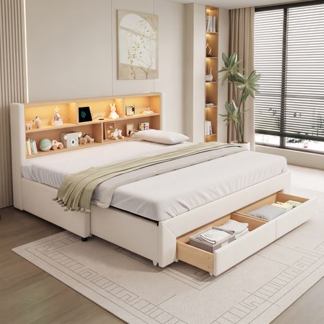 Lit banquette extensible 90x200 à 180x200 cm avec 2 tiroirs, rangements ouverts, ports USB et Type-C, LED multicolore, velours, Beige (1/5)