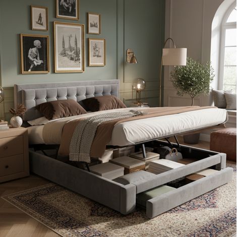Letto contenitore 180x200 con cassetti, testiera regolabile, velluto grigio DESVIAE (1/5)