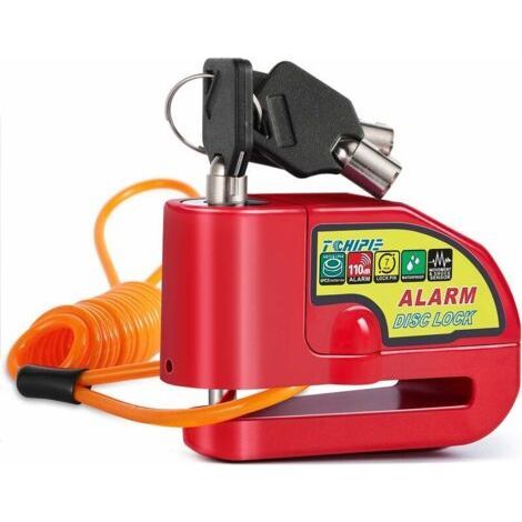 Alovez - Candado de disco para motocicleta con alarma de 110 dB, candado de disco para scooter con alarma para motocicleta/bicicleta/scooter, 3 llaves, cable recordatorio de 1,5 m, baterías de repuest (1/5)