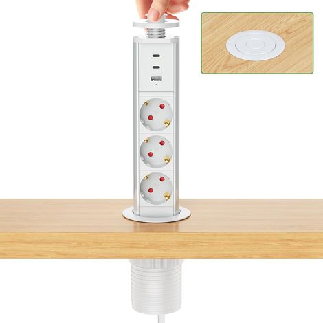 Multiprise Encastrable 3 Prises avec 2 USB C PD20W, Bloc Prise Escamotable Prise Plan de Travail Table, 4000W/16A, Ø 60mm Câble 1,8m - pour Cuisine Bureau (1/5)