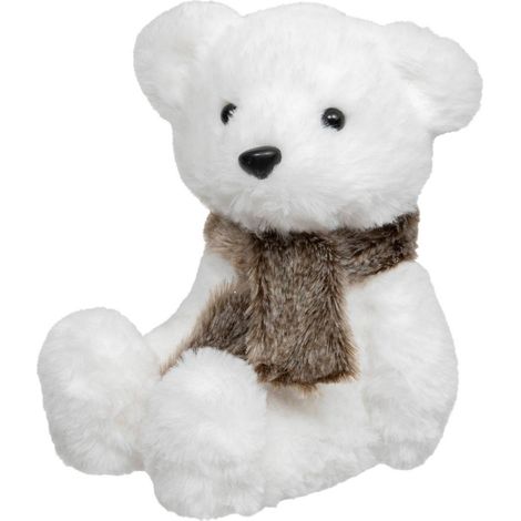 Déco de Noël Ours blanc assis avec écharpe fourrure marron H 19 cm - Feeric Christmas