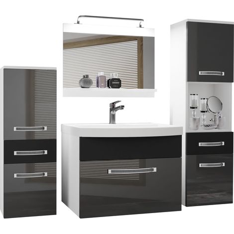 Belini Badezimmer Badmöbel Set Vollausstattung mit Waschbecken Unterschrank Waschtisch Spiegel Lampe Möbel Silber Schwarz Glänzend Matt (1/5)