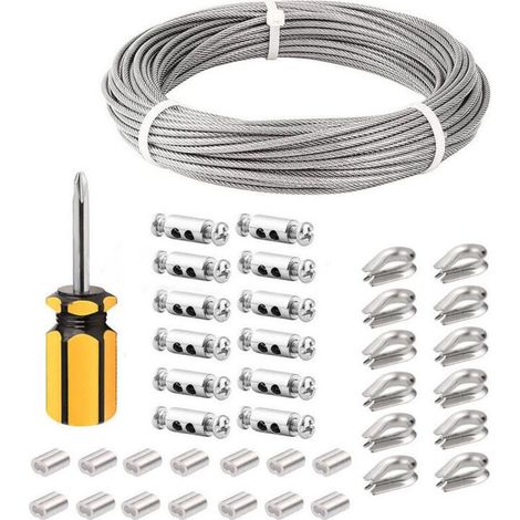 Cable Inox 3mm,50M/3mm Corde en Acier Inoxydable,Cable en Acier Revêtu avec Serre-Câbles,M3 Manchons,Cosses en Acier Inoxydable,3mm Cable Métallique pour Fil a linge,Cable de Garde Corps, (1/5)
