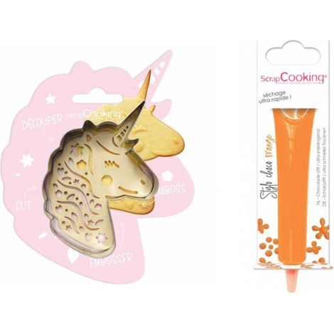 Kit pour biscuit en relief Licorne + Stylo au chocolat orange