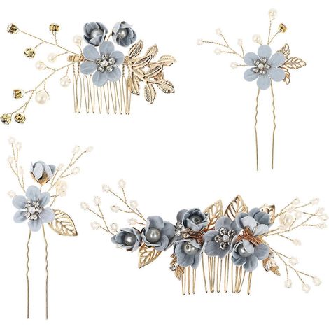 Ensemble de 4 peignes à cheveux faits main pour mariage, ornement floral, accessoires de coiffure et strass pour robe de mariée (bleu)-Blue