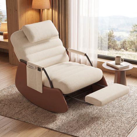 Rocking chair avec 3 positions inclinaison réglable, pieds rétractable et appui- tête confort - velours côtelé - beige