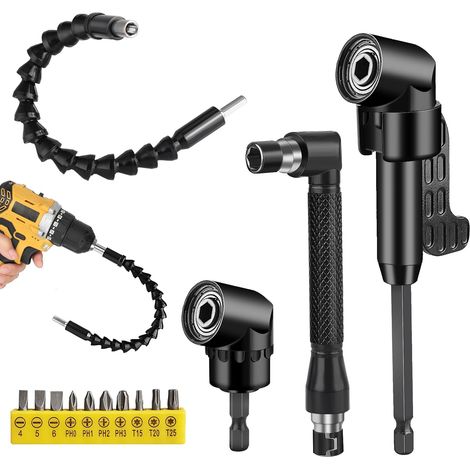 14 puntas para destornillador angular, destornillador angular, varilla de extensión de vástago hexagonal de 1/4", soporte adaptador de 105°, kit de extensión de broca de ángulo recto, extensión de des (1/5)