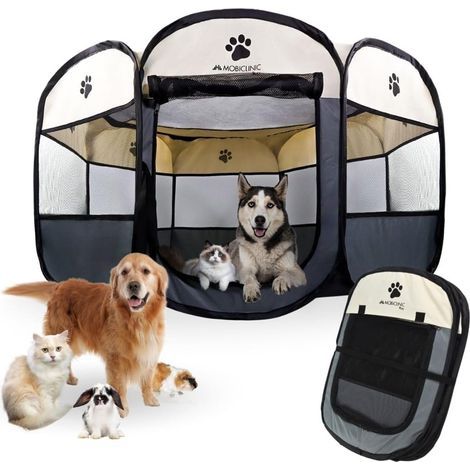 Foldable dog playpen, 2 entrances, 8 windows, 600d mesh fabric, indoor/outdoor, grey (1/5)