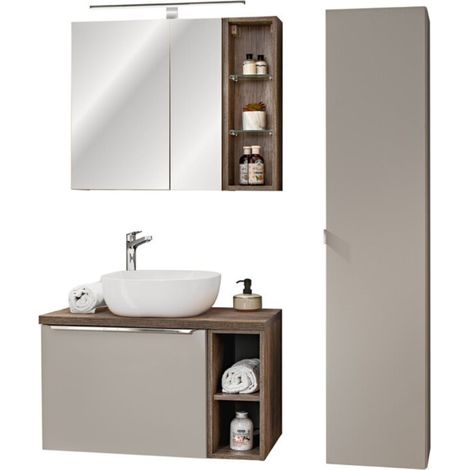 Insieme VANTA taupe: mobili sotto lavabo 80cm + lavabo da appoggio + mobili di stoccaggio + specchi + LED