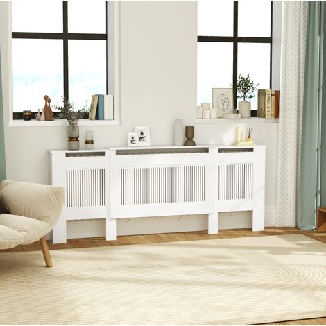 Copritermosifone estensibile con ripiano, doghe, 125-201 x 19 x 81,5 cm, bianco (1/5)