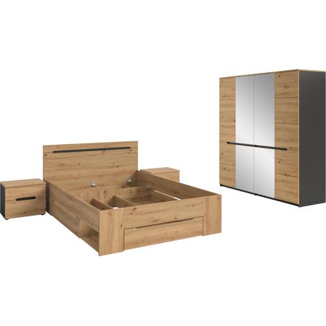 Canu Schlafzimmer-Set Bett 140x200 cm mit Stauraum, 2 Nachttische, 1 Schrank Spiegel grau, Eiche Dekor.