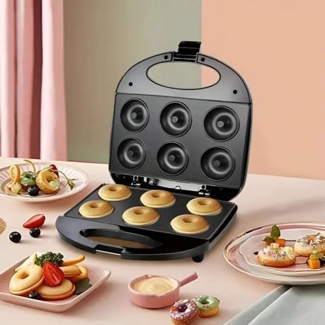 Appareil à donuts antiadhésif 750W, dimensions 22 x 23 x 5 cm, cuisson double face, appareil à donuts compact.