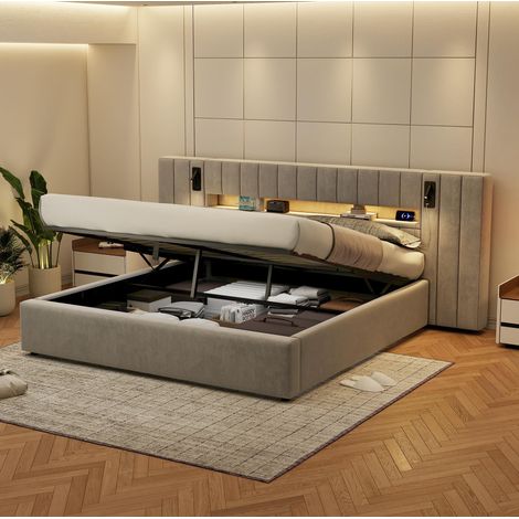 Lit coffre 180 x 200 cm avec ports USB, LED et lampe de chevet, en velours gris, sans matelas HAVRYA (1/5)
