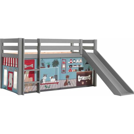 Lit Enfant Surélevé Avec Toboggan "Pino Pet Shop" 90x200cm Gris (1/2)
