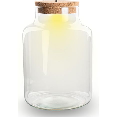 Bouteille Terrarium Fermé avec Éclairage LED et Bouchon Liège Verre Recyclé Ø 17 cm x 25 cm - PANGIVO (1/4)