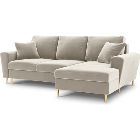 Canapé-lit d'angle droit + box 4 places en velours beige clair (1/5)