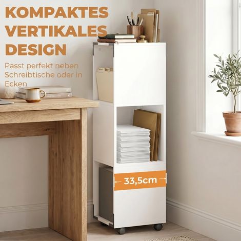 Meuble de rangement mobile blanc avec 3 étagères ouvertes, support imprimante sur roulettes avec 2 freins, armoire à dossiers (1/5)