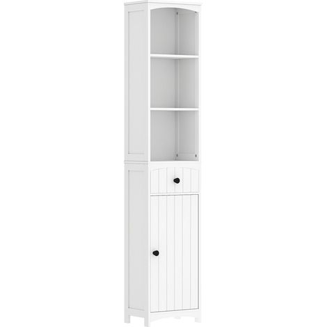 Armoire de salle de bain haute avec 3 étagères, 1 tiroir et 1 placard, meuble de rangement compact blanc en bois MDF 34 x 24 x 170,5 cm  CHICFURN (1/5)